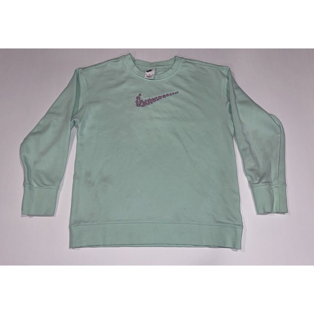 Nike Girls Sweatshirt Mint Green XL Loose Fit Floral Swoosh Pullover